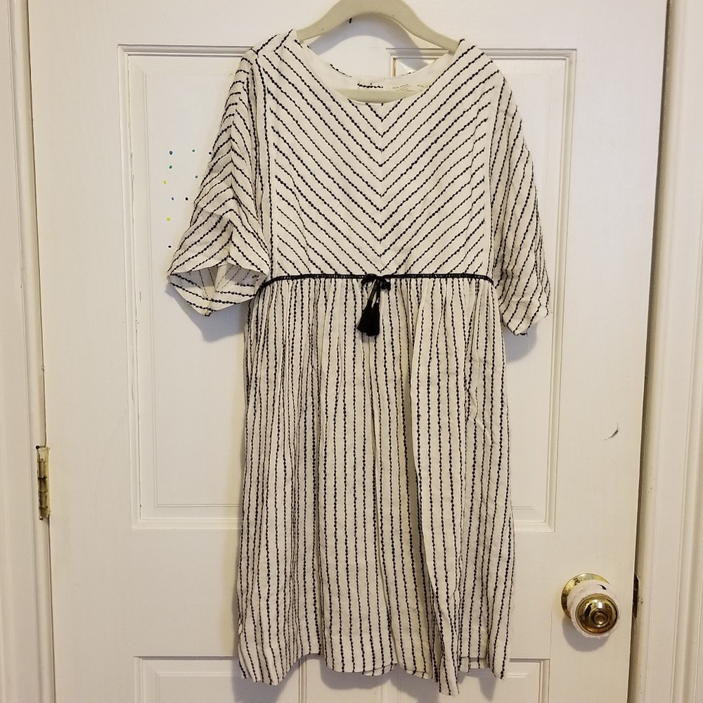 Zara Kids Girls Embroidered Striped Boho Smock Dress Cream Black Size 11/12
